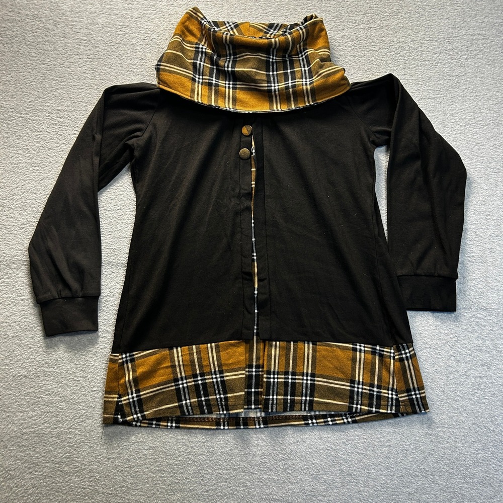 Valolia Plaid Cowl Neck Tunic Top Long Sleeve Womens XL Black Pullover Soft Knit
